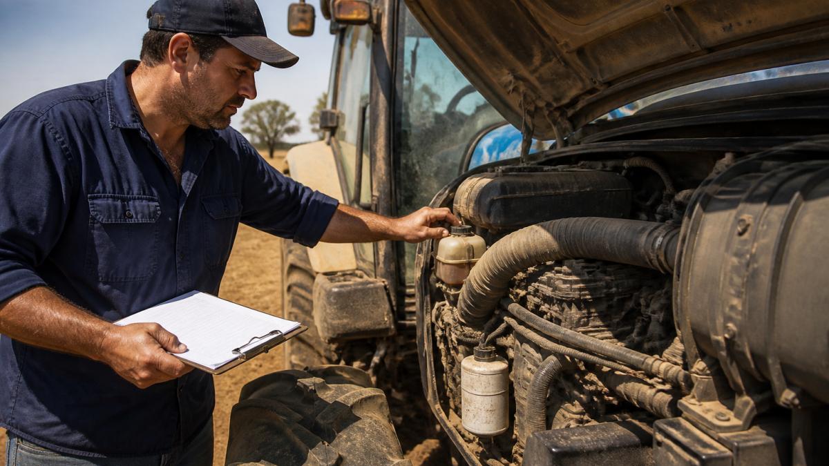 Farmer inspecting tractor engine in paddock, checking fluid levels and hoses with a diagnostic checklist on clipboard, natural sunlight, dust visible in air
