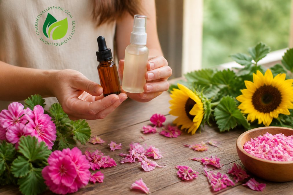 A close-up of a woman's hands holding a small amber glass dropper bottle and a frosted glass spray bottle of flower-based skincare, with fresh rose geranium and sunflower petals scattered on a rustic wooden table in soft natural light