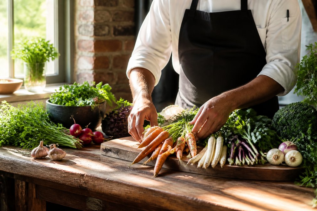 Private chef's hands selecting and arranging fresh seasonal vegetables on a wooden kitchen bench, morning sunlight streaming through a window, bundles of herbs and produce displayed
