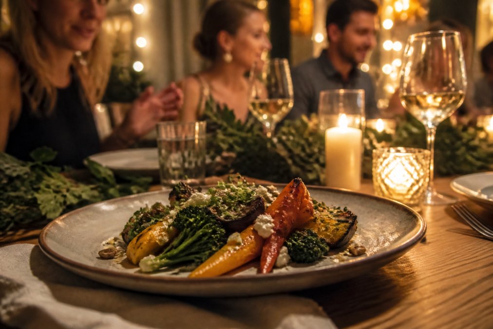 Beautifully plated farm-to-table dish featuring seasonal vegetables and fresh herbs, served at an intimate candlelit dinner party table with guests dining in soft background light, warm ambiance