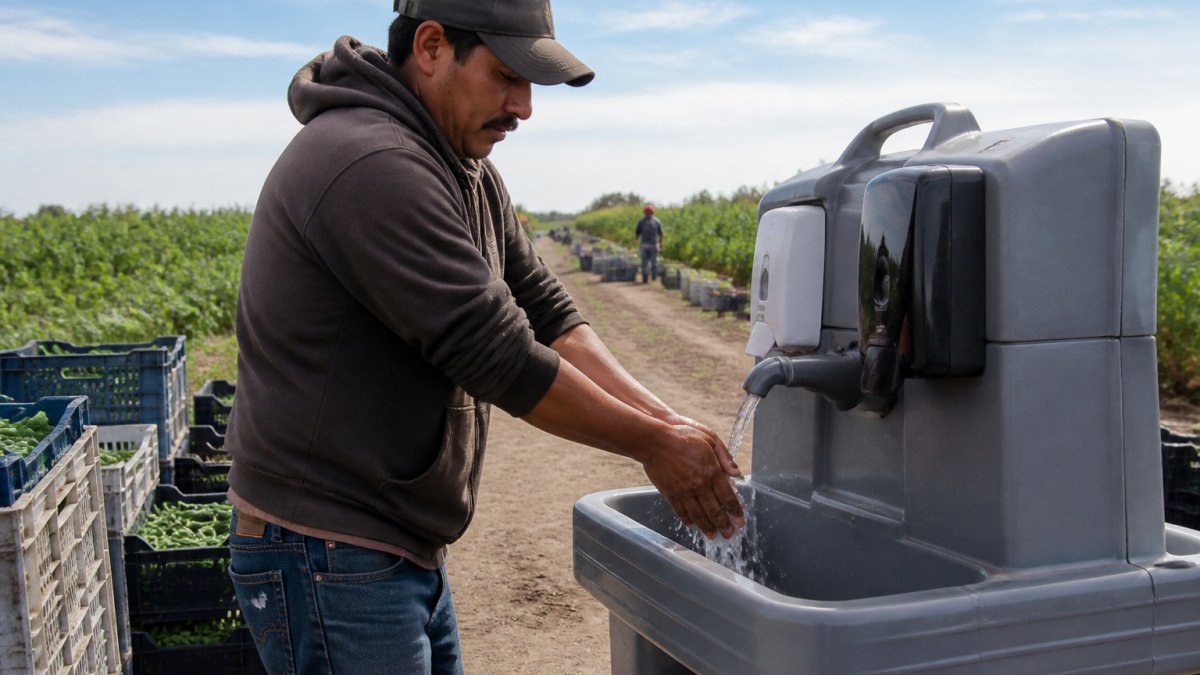 Farm worker washing hands at an outdoor portable handwashing station with running water and soap dispenser, with harvested produce crates visible in the background