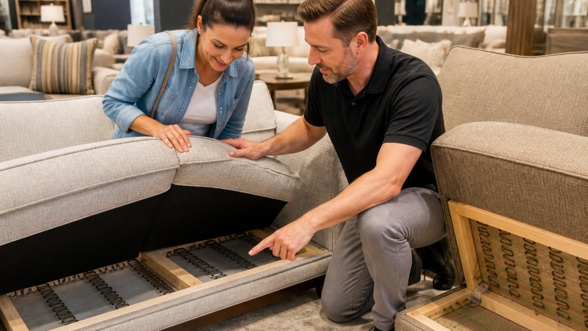 A shopper lifting the seat cushion of a sofa in a bright showroom to inspect the decking and frame underneath, with a sales associate pointing at the construction detail