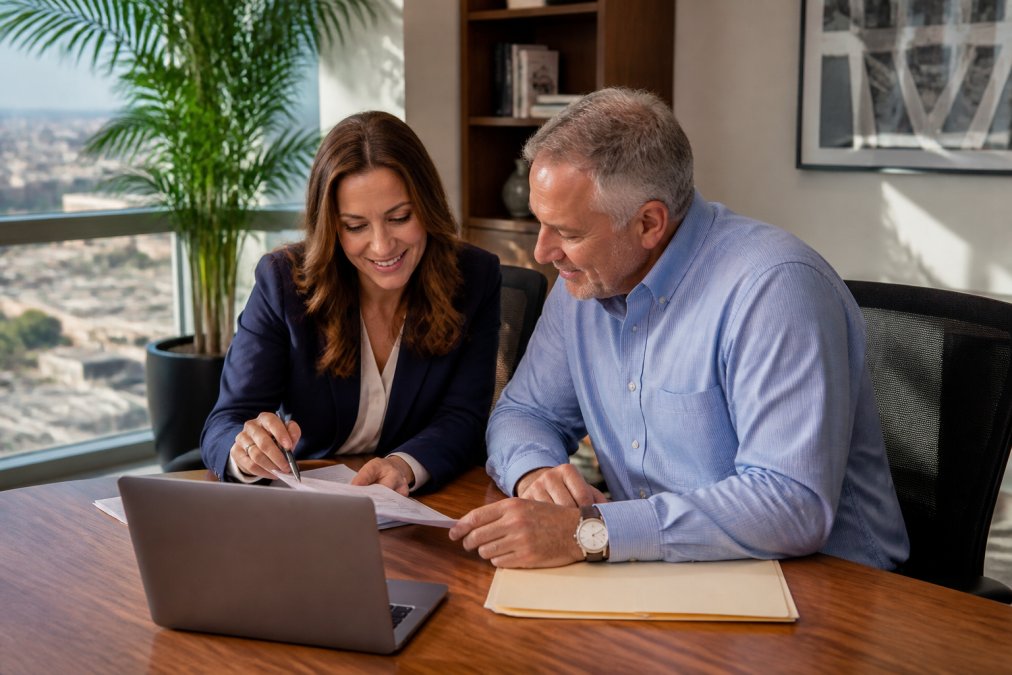 Independent agent reviews a farmers insurance alternative with a client in a bright Las Vegas office.