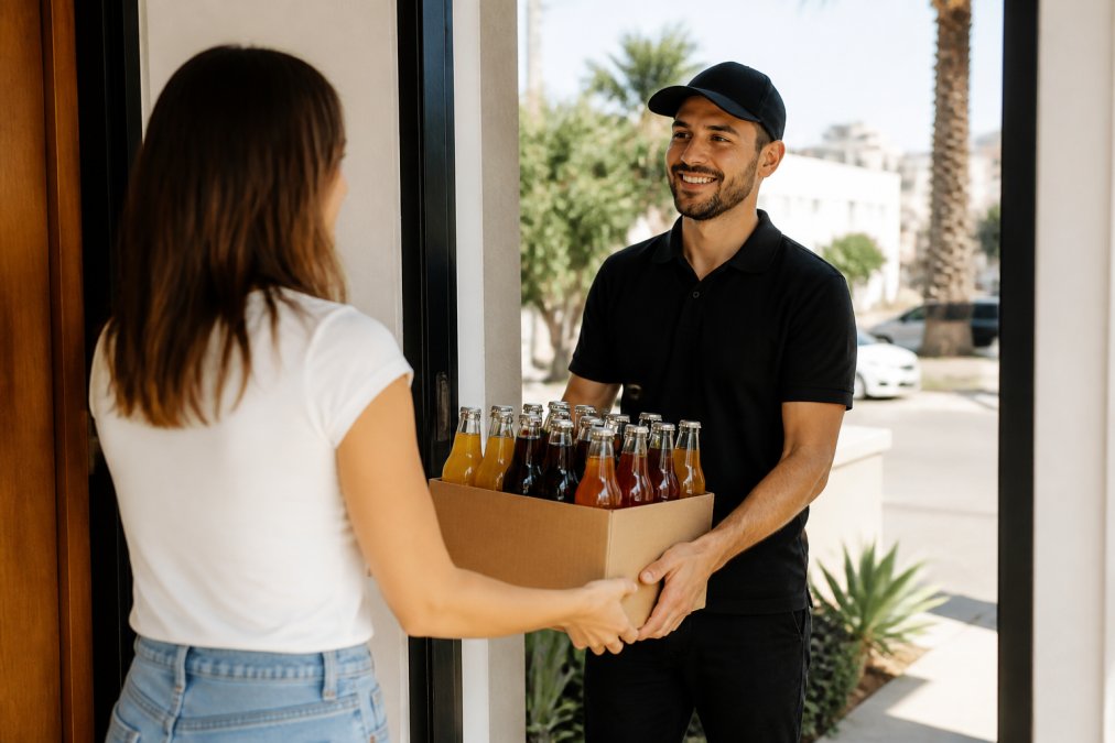 Courier handing a box of glass bottles to a resident for drink delivery LA on a sunny residential street