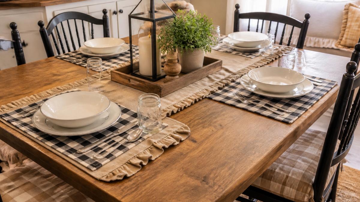 Cozy farmhouse dining table setting featuring black and cream check placemats, a ruffled table runner with natural wood tones, cushioned chair pads in plaid, warm ambient lighting, and simple white dinnerware on a wooden table