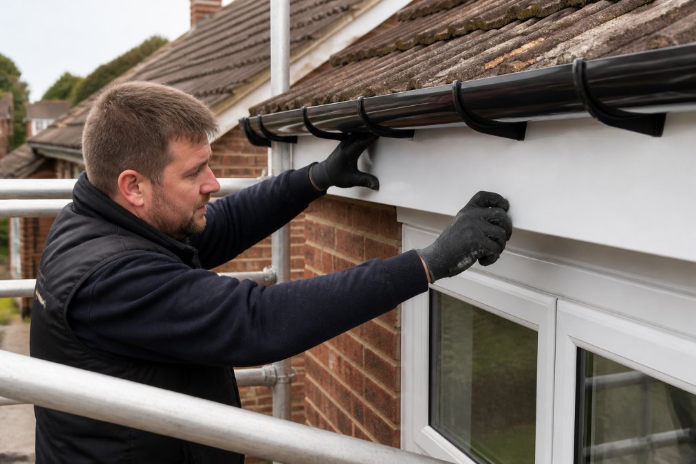 Professional roofer installing new uPVC fascia boards onto residential roofline with white scaffolding visible, showing hands securing boards with fixings and guttering already in place