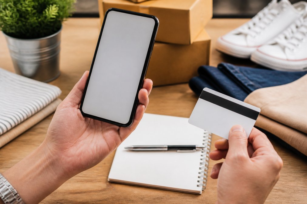 Close-up of a smartphone displaying a checkout page with free shipping offer highlighted, hands holding credit card ready to complete purchase