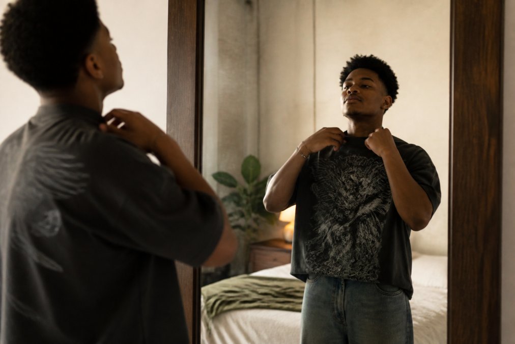 A person adjusts their collar in a mirror, reflecting their personal transformation through a confident new style.