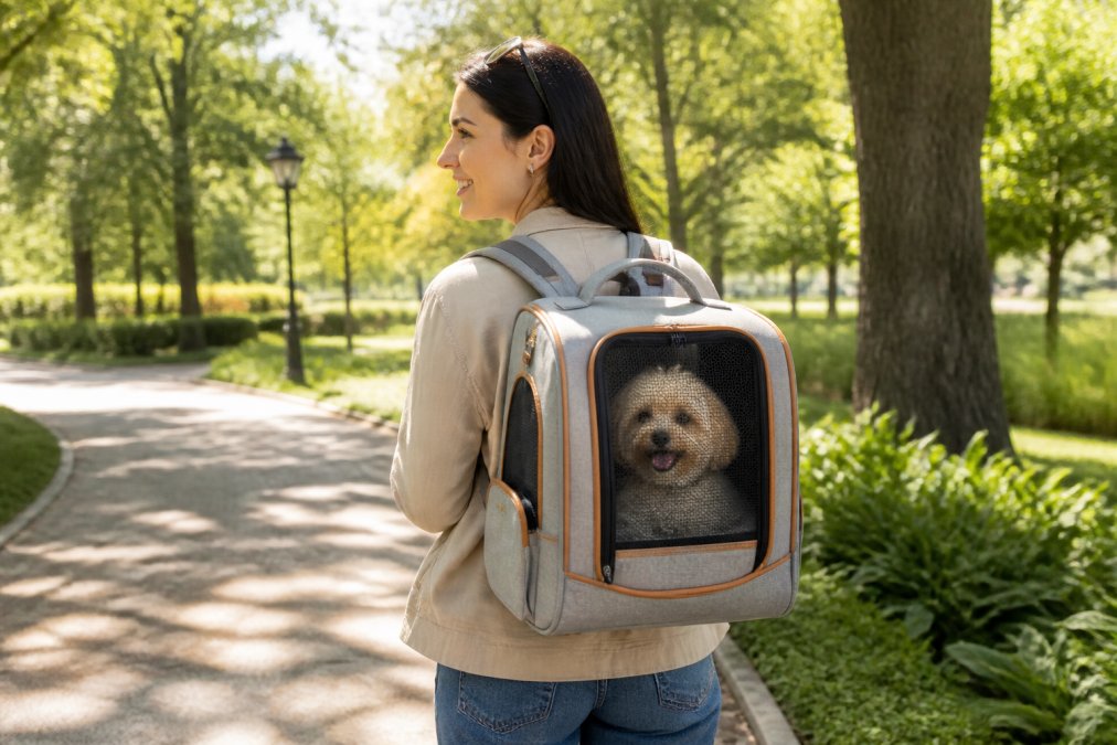 Pet owner wearing a stylish pet travel backpack carrier with a small dog visible through breathable mesh panels, walking through a sunny park with natural dappled light