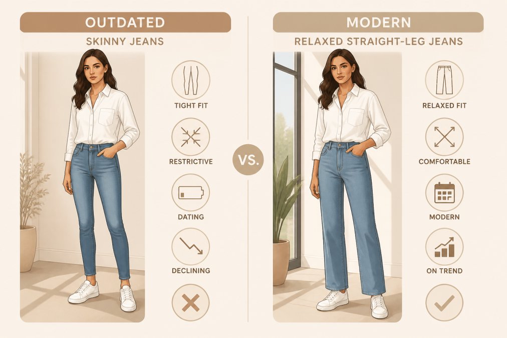 Woman wearing relaxed-fit straight-leg jeans styled with a crisp white button-up shirt and white leather sneakers, standing confidently in natural daylight near a modern window, showing modern silhouette versus outdated skinny fit