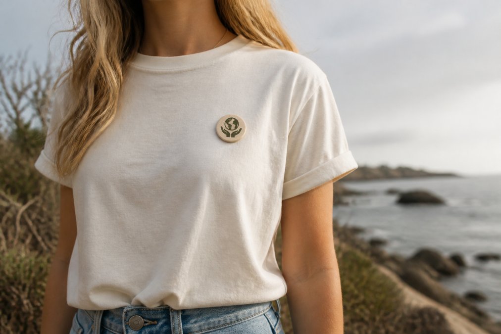 Person wearing a high-quality organic cotton t-shirt with a charitable cause badge visible, showing fabric texture and comfort in natural daylight