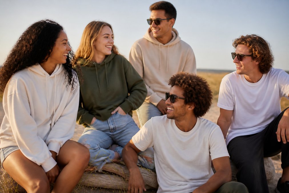 Diverse group of people wearing stylish t-shirts and hoodies in casual settings, smiling and engaged together, displaying quality apparel in natural outdoor lighting