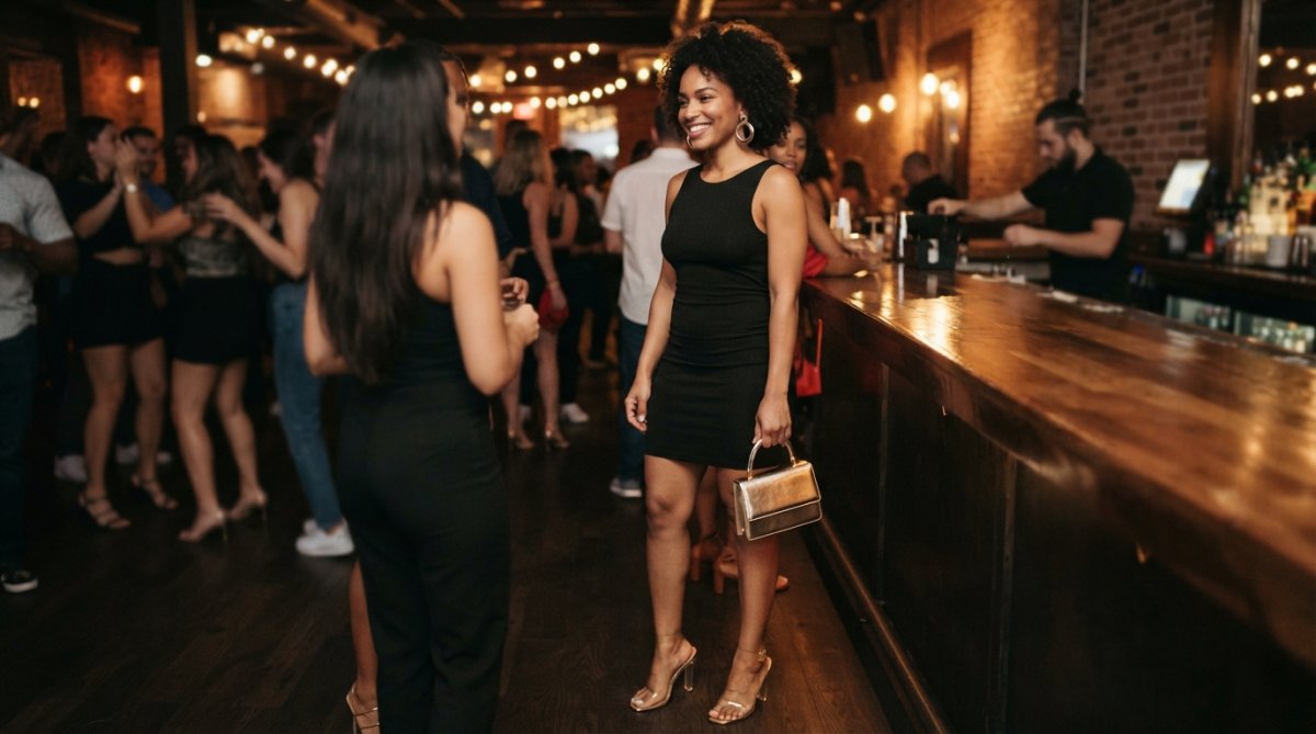 Woman wearing a sleek bodycon mini dress styled with clear strappy heels, gold statement earrings, and a structured mini clutch, posed confidently against a modern nightlife backdrop with ambient lighting