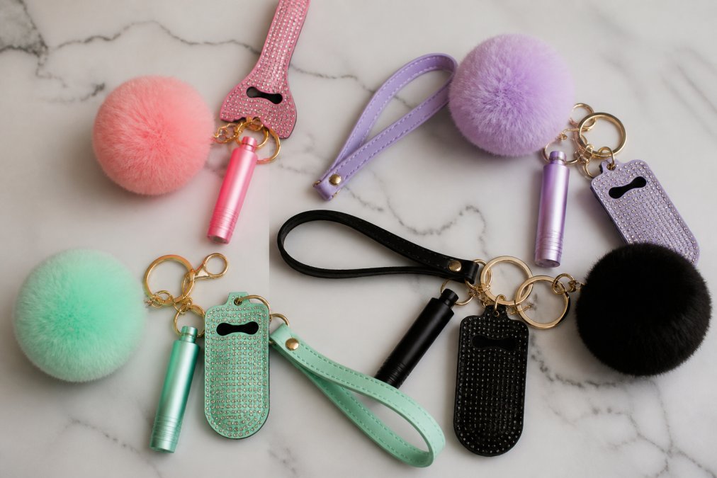 Infographic displaying essential personal security accessories including pom-poms, flashlights, and wristlets.