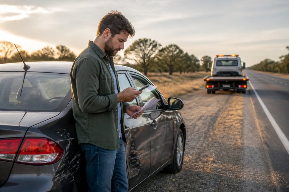 A driver standing beside a dented sedan on the shoulder of a rural highway, hazard lights glowing, holding a smartphone and looking at a checklist while a tow truck approaches in the distance, late afternoon light