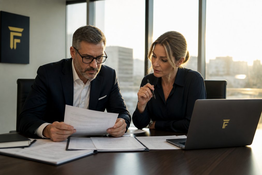 A finance director and business owner reviewing printed invoice documents beside a laptop showing cash flow projections at a modern office desk, warm afternoon light through large windows