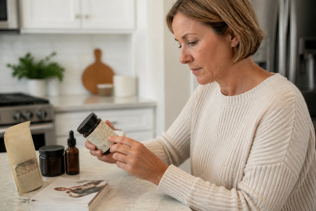 Adult in a bright home kitchen carefully reading the supplement label and third-party certification seals on a supplement bottle, examining the ingredient list with focused attention