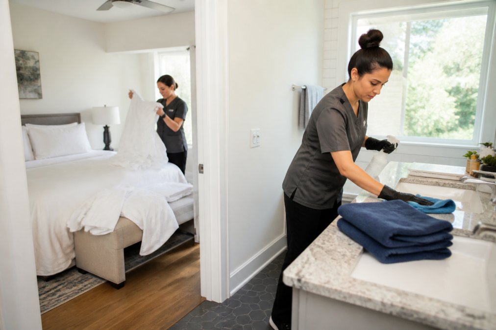 Step-by-step infographic showing efficient airbnb turnover tips for cleaning teams and property managers