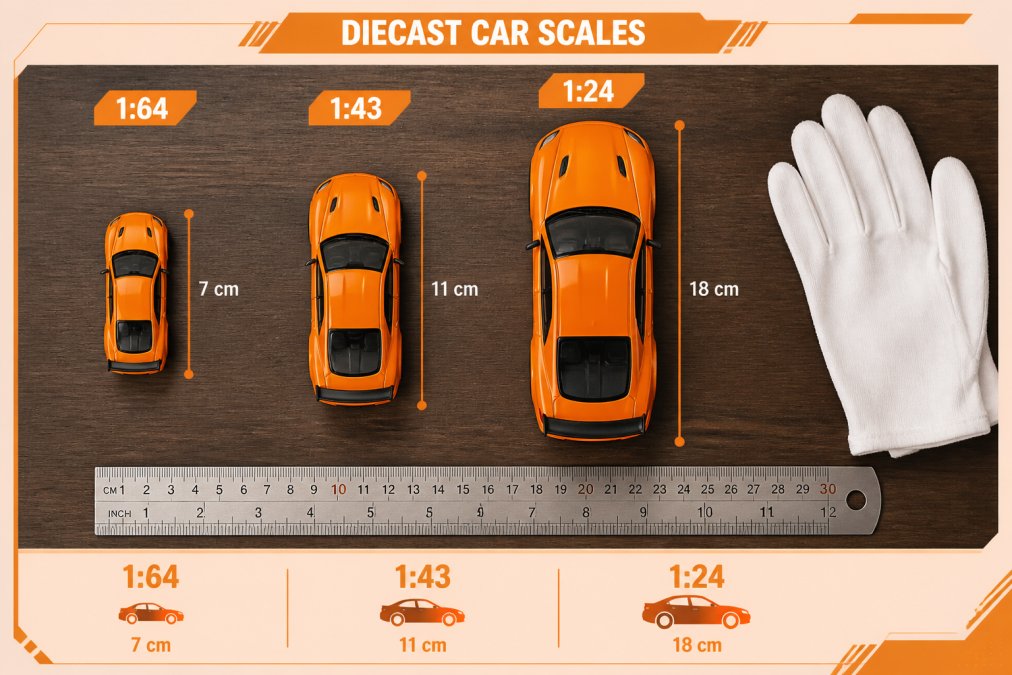 Size comparison of 1:64, 1:43, and 1:24 scale Fast and Furious diecast cars on a wooden table with a ruler.