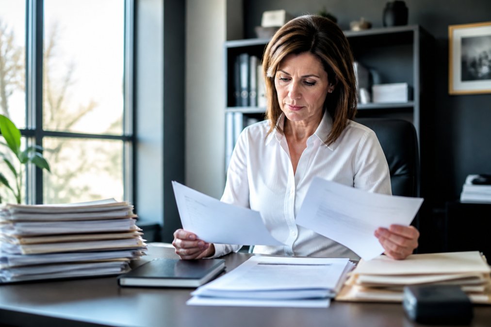 HR manager reviewing candidate files and background check reports at desk with computer and documents, natural office lighting
