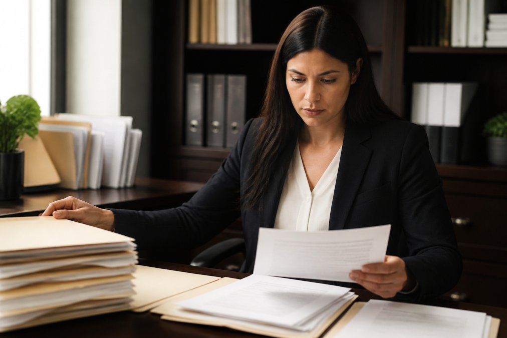 Compliance officer reviewing legal documents and FCRA guidelines in professional office setting with organized files and computer