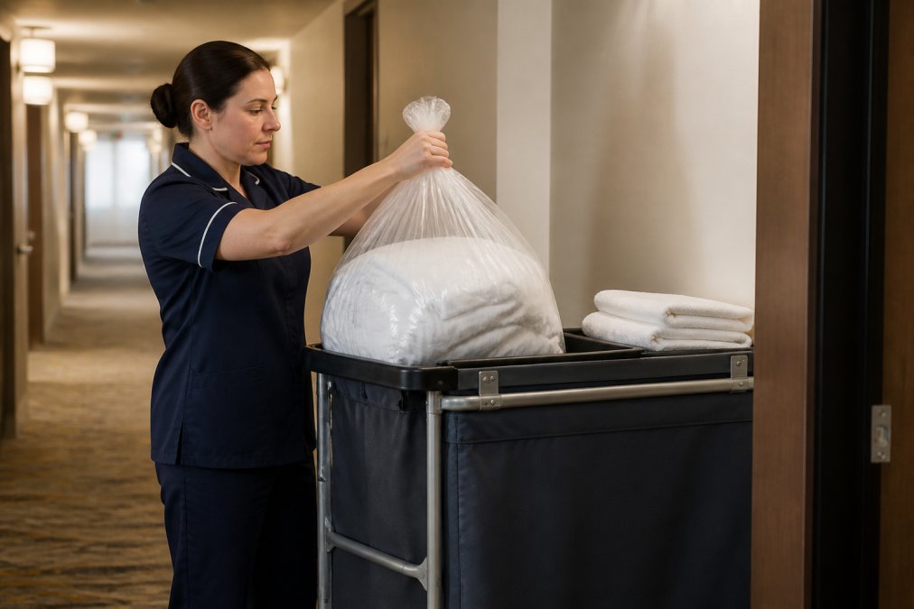 A hotel housekeeper in uniform placing a clearly marked plastic bag containing linens onto a cart in a hallway, demonstrating proper isolation procedure.