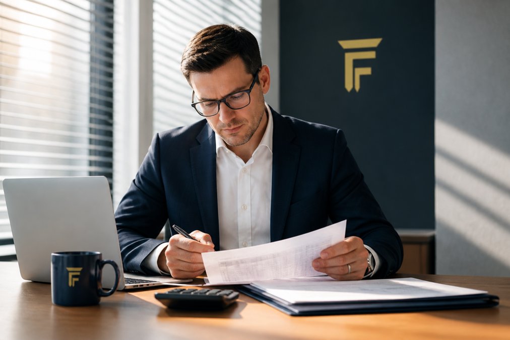 Business professional reviewing financial documents on a laptop in a bright office, calculator and coffee cup on the desk, morning light through window blinds