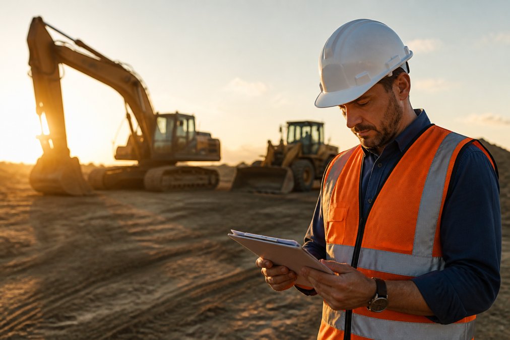 A construction project manager reviewing paperwork on a tablet at a job site, with heavy machinery silhouetted in the background during late afternoon light