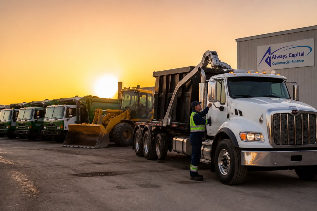 A fleet of waste collection trucks and a driver at a yard, illustrating the equipment needed for waste management financing.