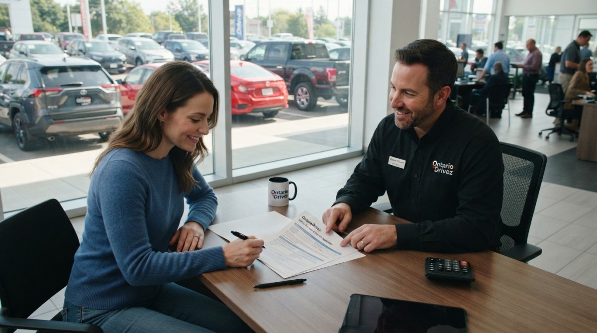 A customer at a dealership reviewing financing paperwork with a friendly sales representative, with a diverse lineup of cars visible through the window behind them
