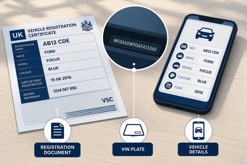 Close-up of a car registration document, vehicle VIN plate visible through windscreen, and a mobile phone displaying vehicle details on a wooden table with natural daylight