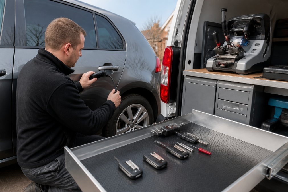 Mobile locksmith technician using diagnostic equipment at a car door, cutting and programming a replacement key with precision tools in daylight, vehicle registration visible in background