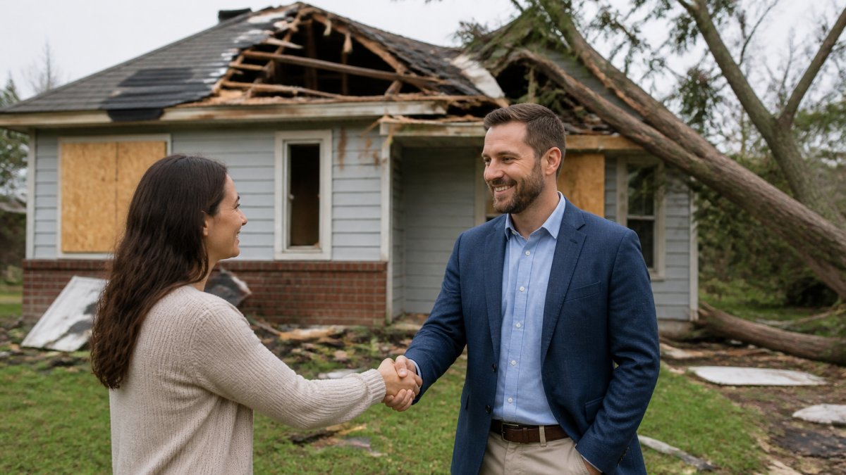 Professional real estate agent and homeowner shaking hands in front of a Wichita home with visible storm damage, both appearing satisfied and relieved