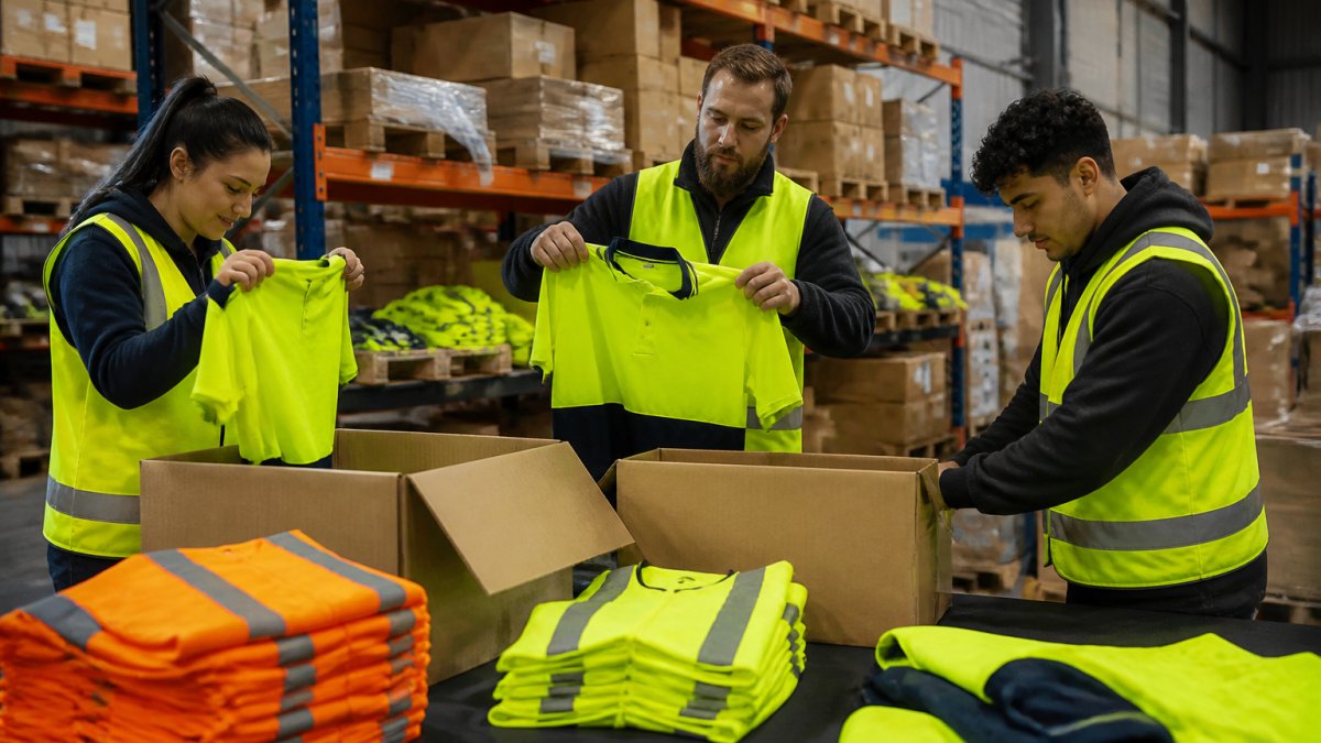 A warehouse supervisor and two team members checking sizes and sorting branded high-visibility workwear into labelled boxes on a dispatch bench, with hi-vis vests and shirts stacked nearby