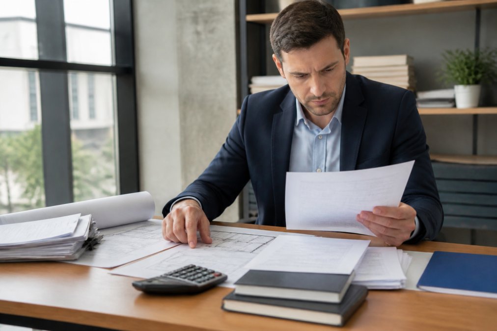 Professional loan officer reviewing construction loan application documents and project blueprints at desk with computer and calculator in modern office setting with natural light