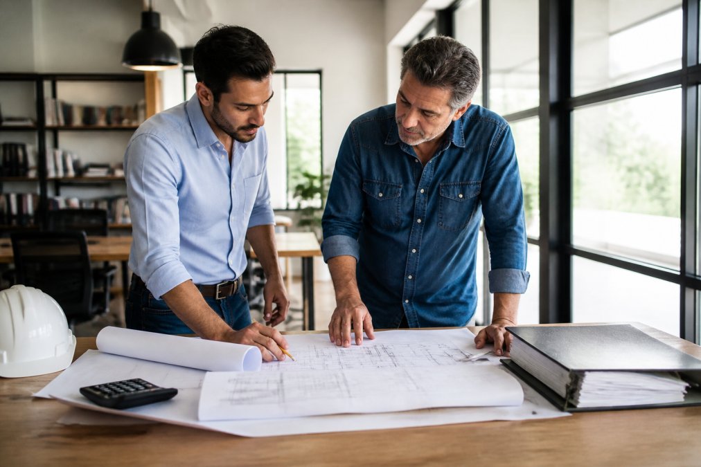 Real estate investor and builder reviewing construction project blueprints and loan documents together at desk with laptop, calculator, and architectural plans in bright office setting