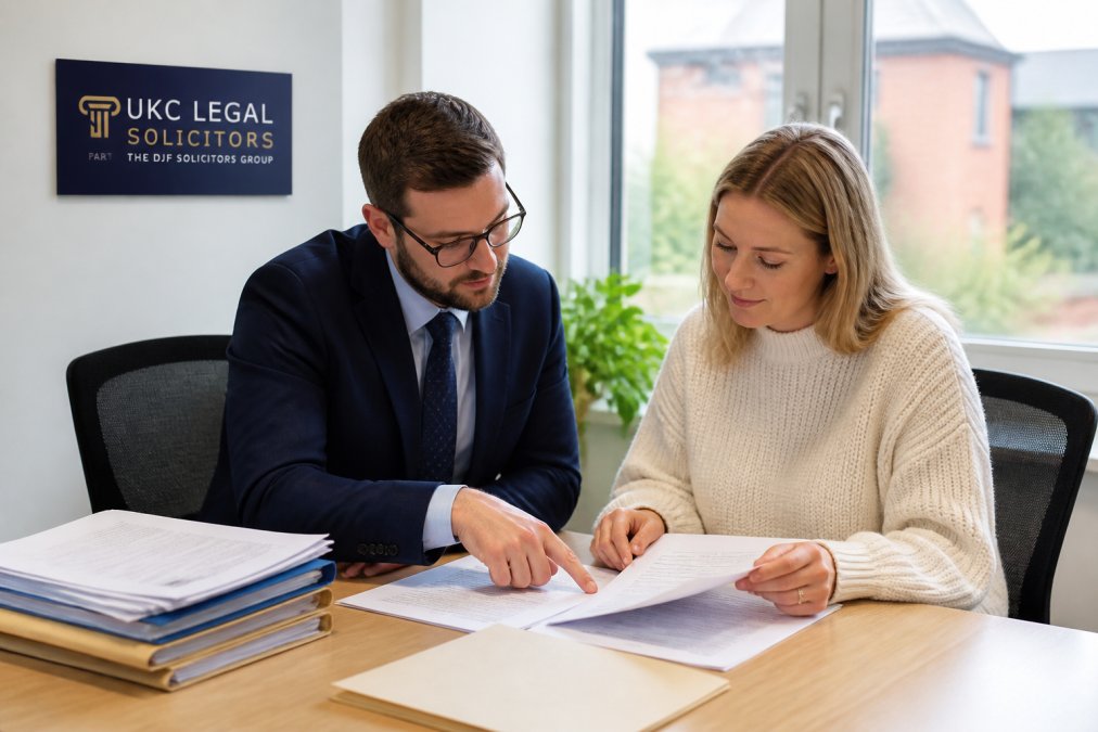 Professional conveyancer and client reviewing lease documents and property files together at desk in modern office with natural light
