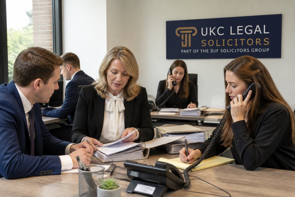 Conveyancing team working collaboratively in modern office, reviewing property files and discussing case details while team members communicate with clients on phones