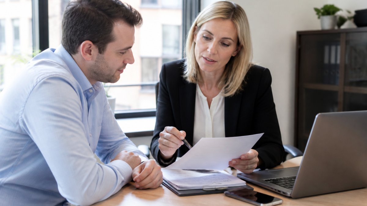 A client and a legal case handler reviewing property documents together at a desk in a bright, modern office, with a laptop showing a case progress dashboard and a phone nearby