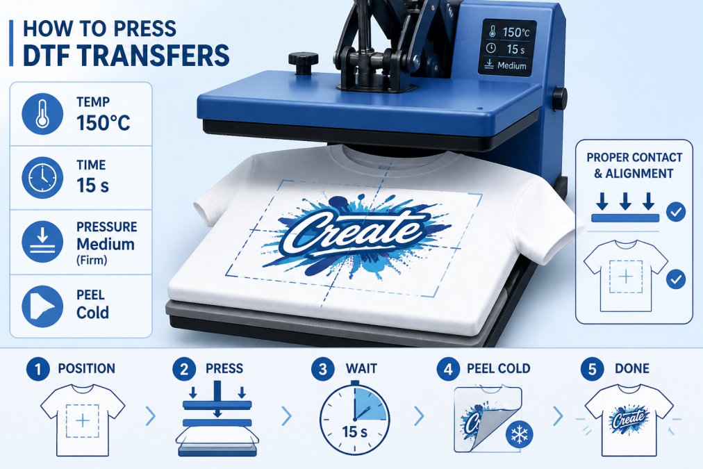 Professional demonstrating heat press application of vibrant DTF transfer onto white cotton t-shirt, showing proper pressure and contact alignment