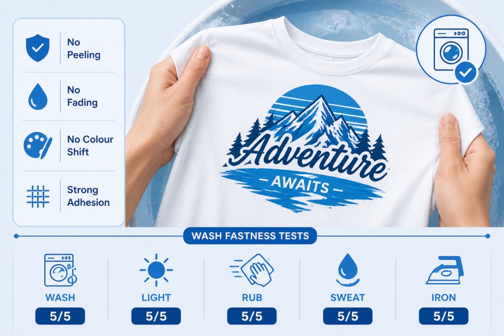 Hands holding freshly washed white cotton t-shirt with vibrant DTF transfer showing no peeling, fading, or colour shift