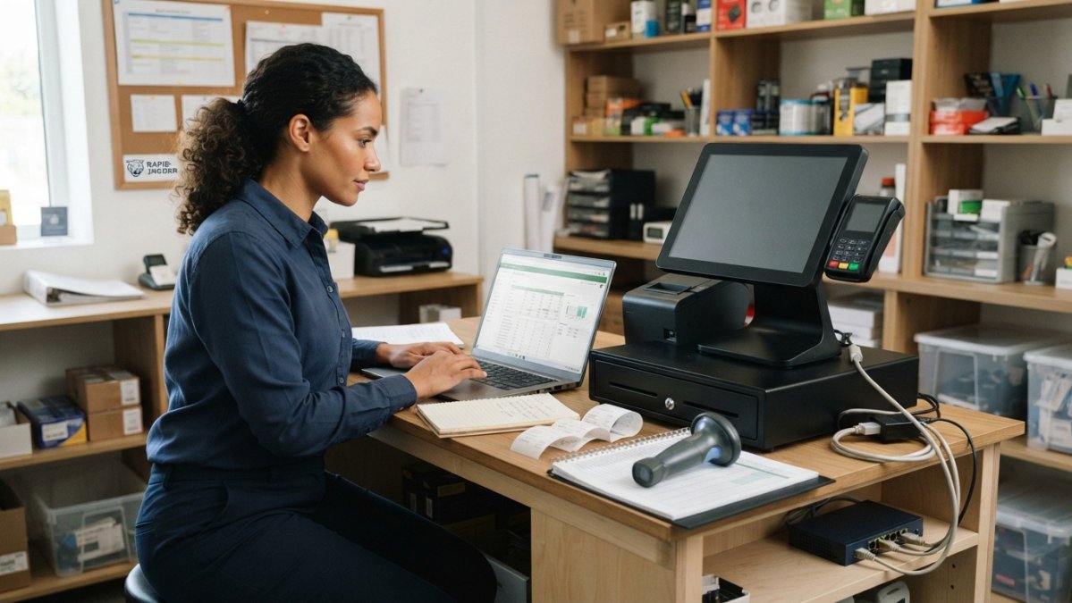 Retail manager reviewing a dashboard on a laptop for a data warehouse setup next to a POS terminal