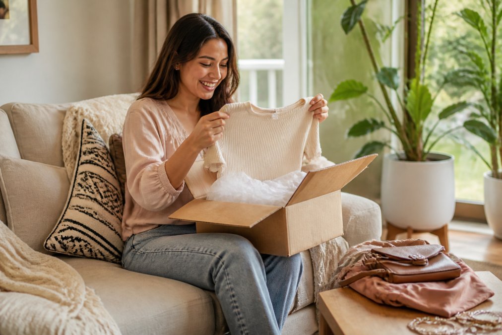 Woman unboxing a fashion delivery package at her home, examining trendy clothing and accessories with satisfaction, natural afternoon lighting streaming through windows