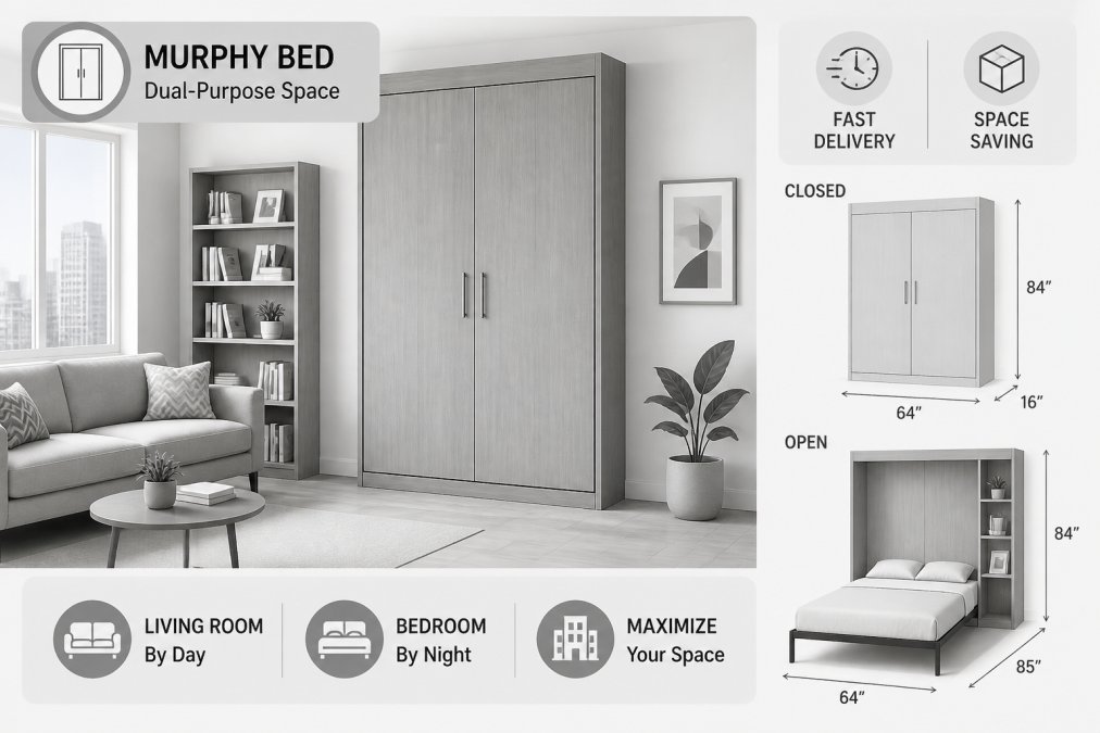 A neatly folded Murphy bed mounted on a living room wall, closed to reveal a clean wood cabinet finish, with a small sofa and bookshelf visible in the background, showing the dual-purpose space in a bright modern apartment