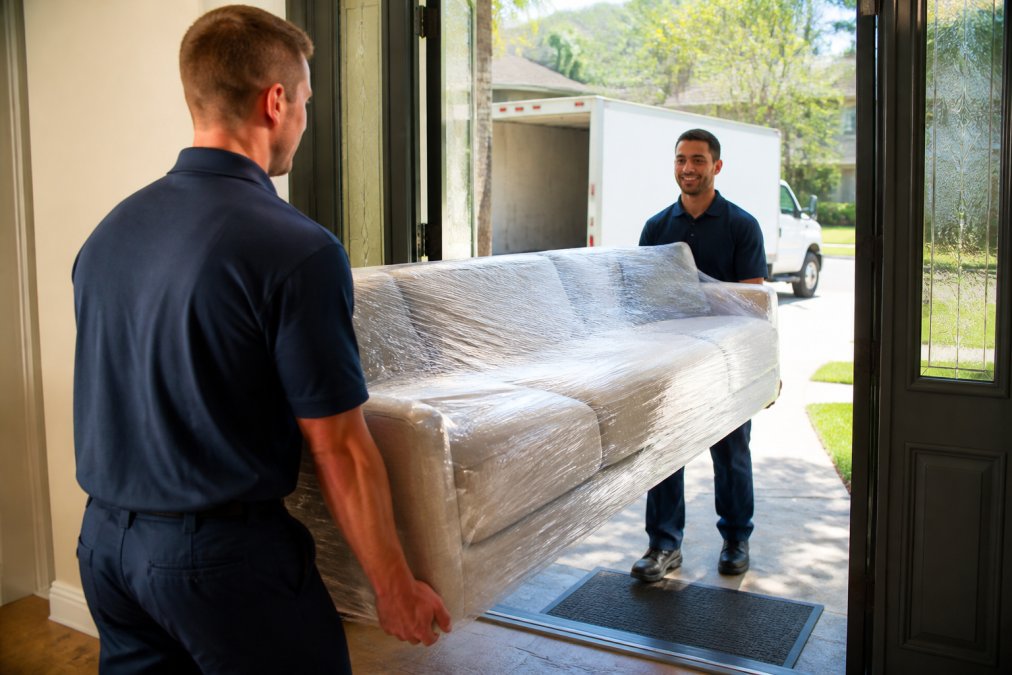 Two delivery workers in matching uniforms carefully carrying a wrapped sofa through the front door of a residential home, with a white delivery truck visible in the sunlit driveway behind them