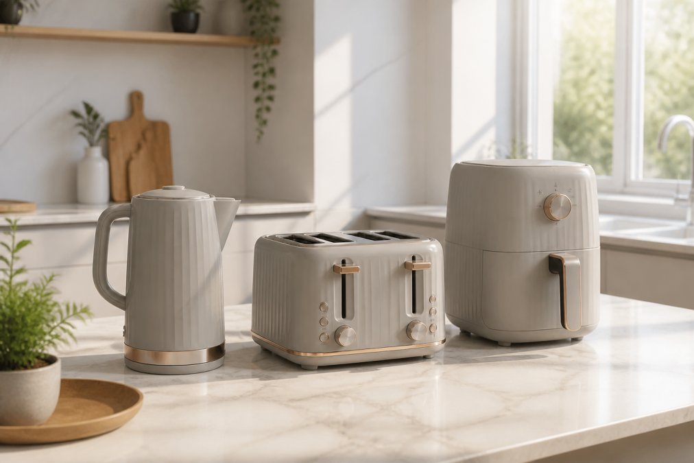 Modern kitchen counter with a sleek electric kettle, matching toaster, and compact air fryer arranged together, bright natural morning light streaming through a window, minimalist apartment kitchen with white walls