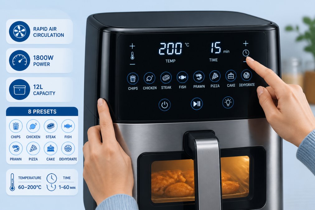 Close-up of hands adjusting digital controls on a modern air fryer, fingers hovering over preset buttons showing temperature and time settings, stainless steel and black finish, soft kitchen lighting