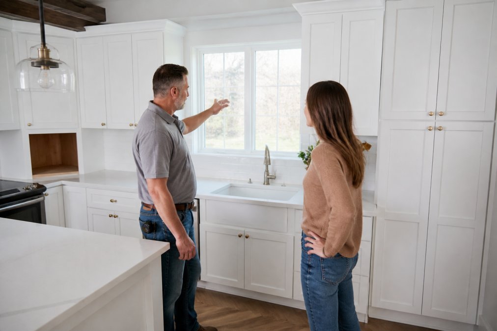 A bright, modern kitchen with white shaker inset cabinets, showing a homeowner and contractor reviewing the finished installation together with natural daylight streaming through a window