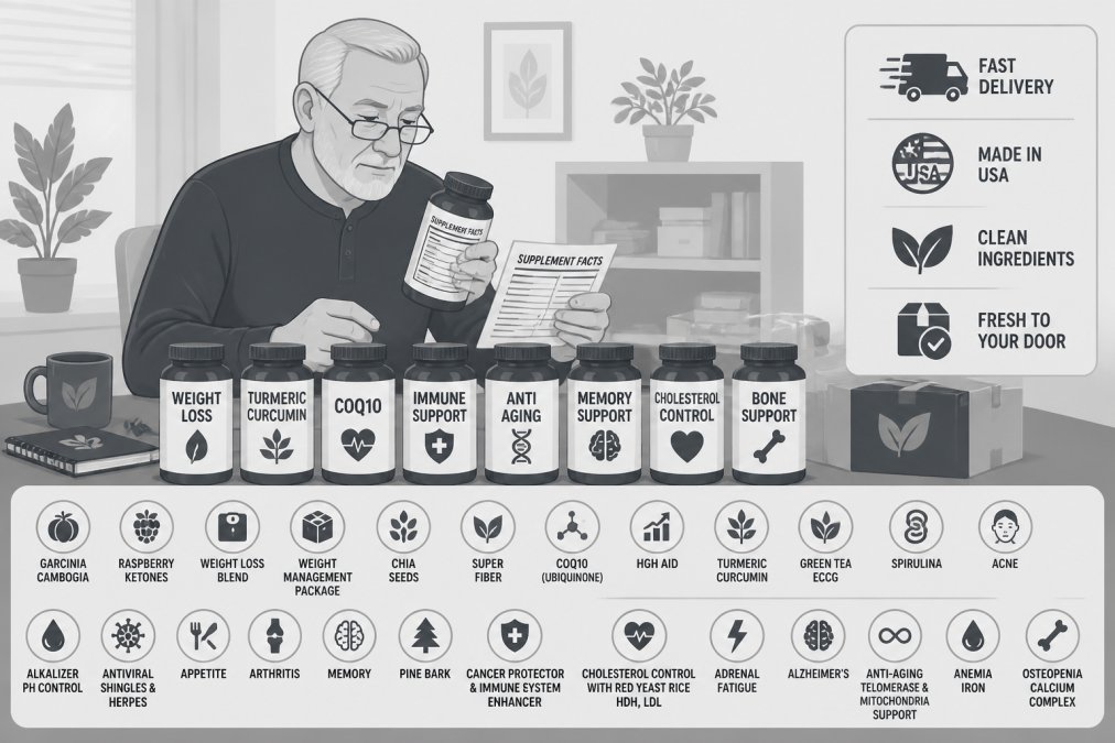 Older adult in casual home setting reviewing vitamin bottles and supplement labels at a table with reading glasses