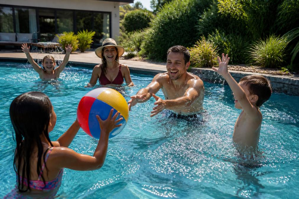 Children and adults playing together with interactive pool games, showing different age groups engaged with the toys, splashing and laughing in sunny pool conditions